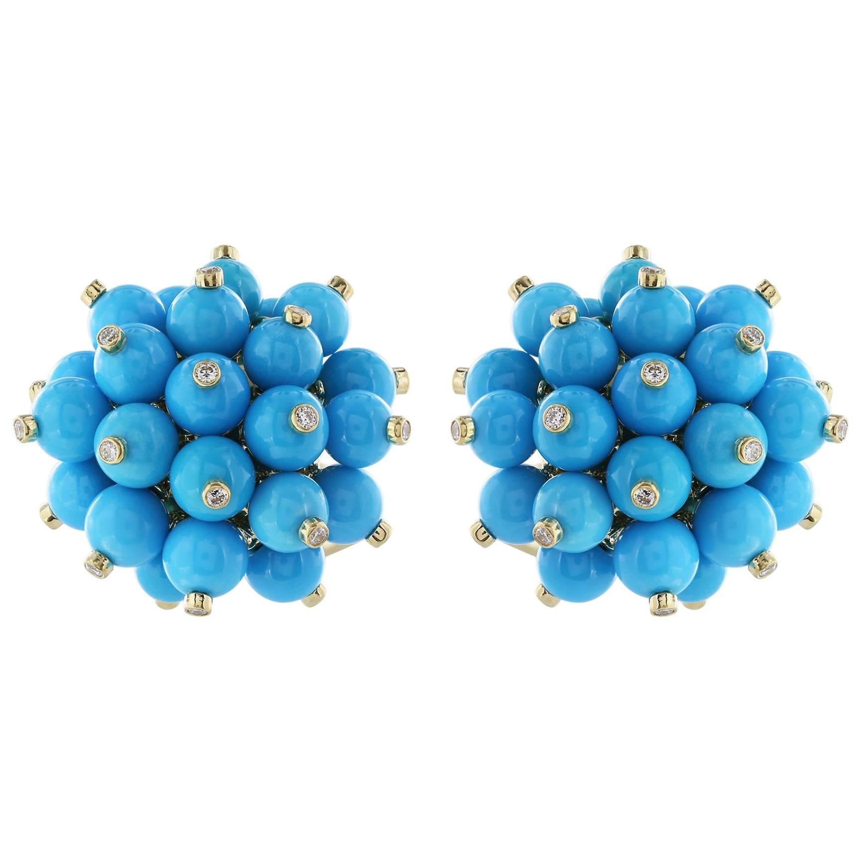 18 Karat Yellow Gold Turquoise and Diamond Cluster Earrings For Sale