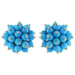 18 Karat Yellow Gold Turquoise and Diamond Cluster Earrings
