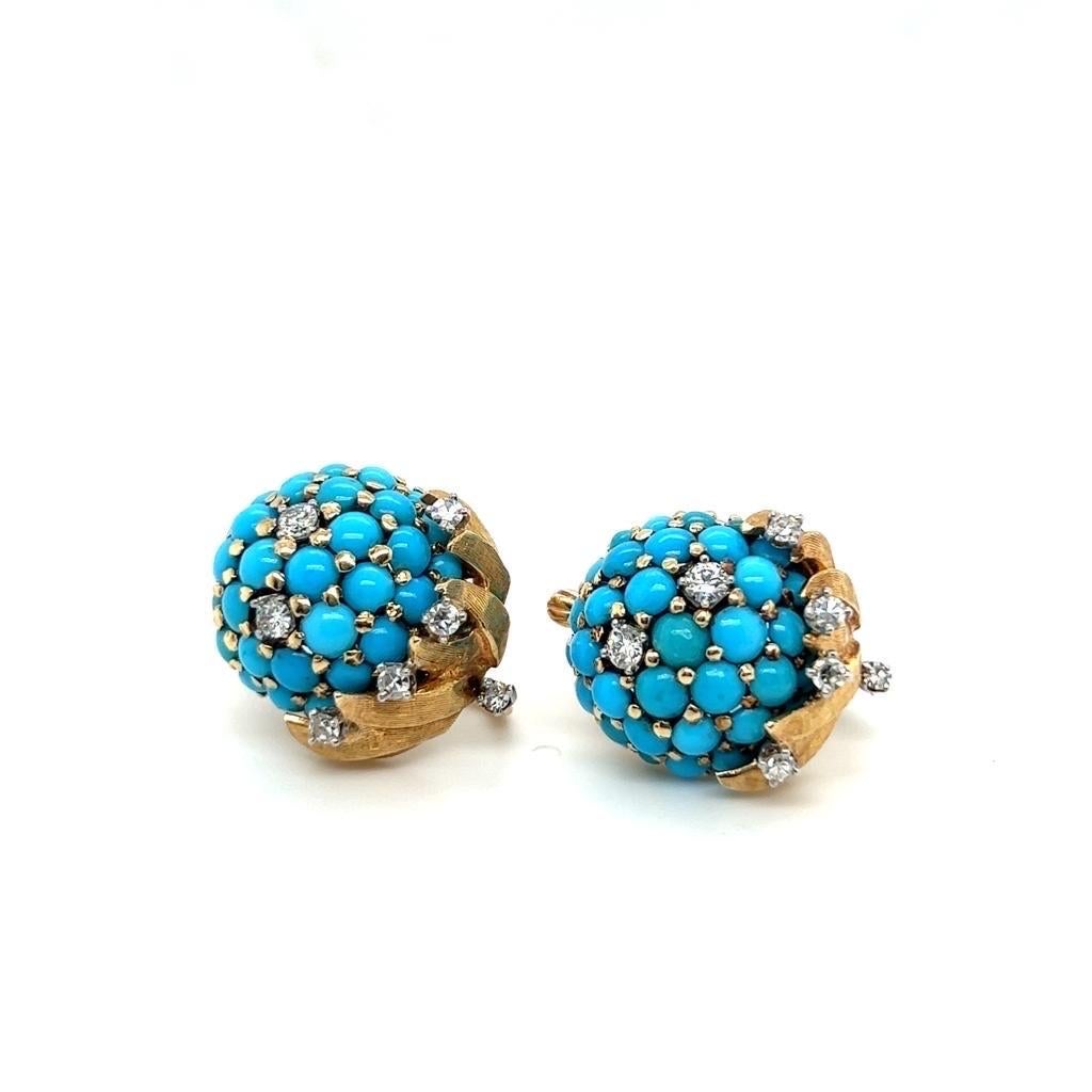 Post-War 18 Karat Yellow Gold Turquoise and Diamond Earrings by Tiffany & Co., 1950s For Sale