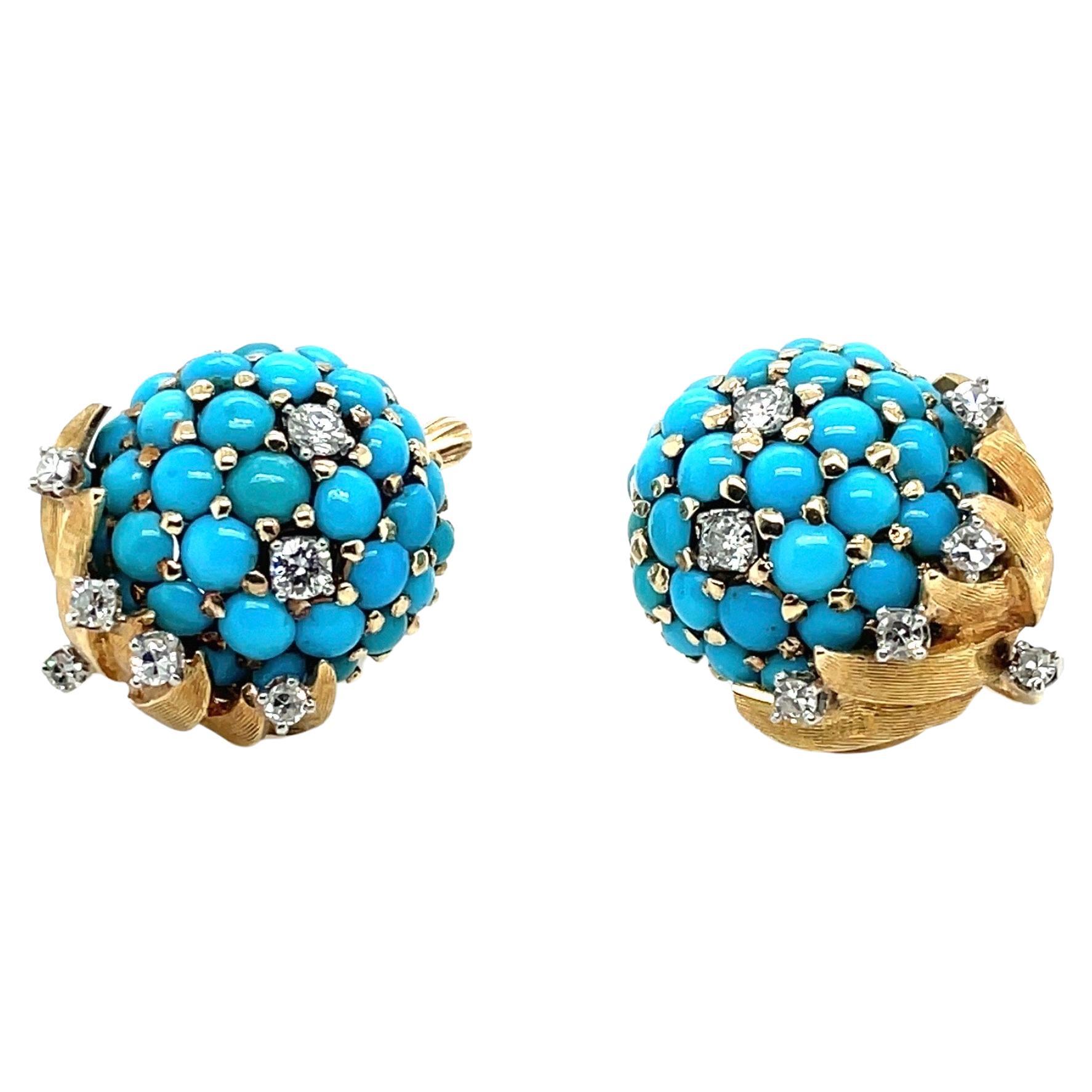 18 Karat Yellow Gold Turquoise and Diamond Earrings by Tiffany & Co., 1950s