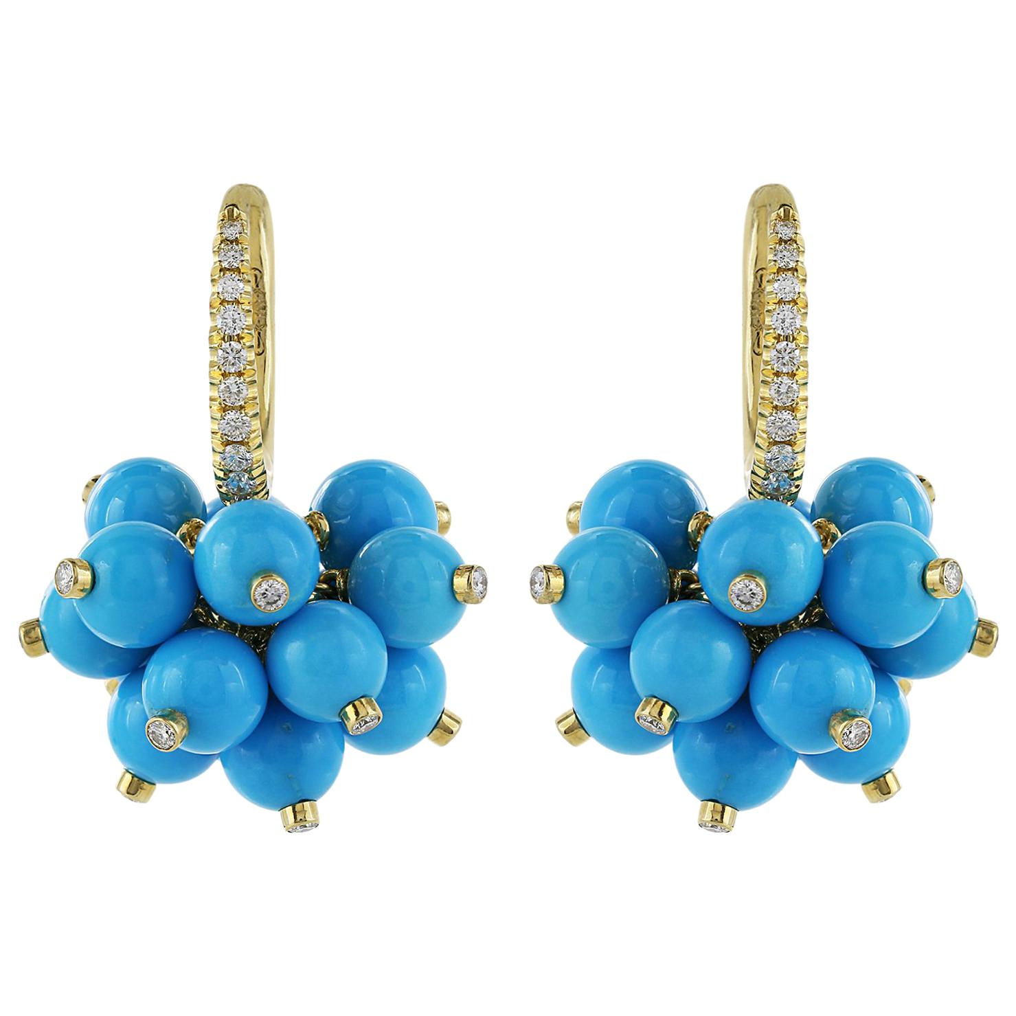 18 Karat Yellow Gold Turquoise and Diamond Earrings For Sale
