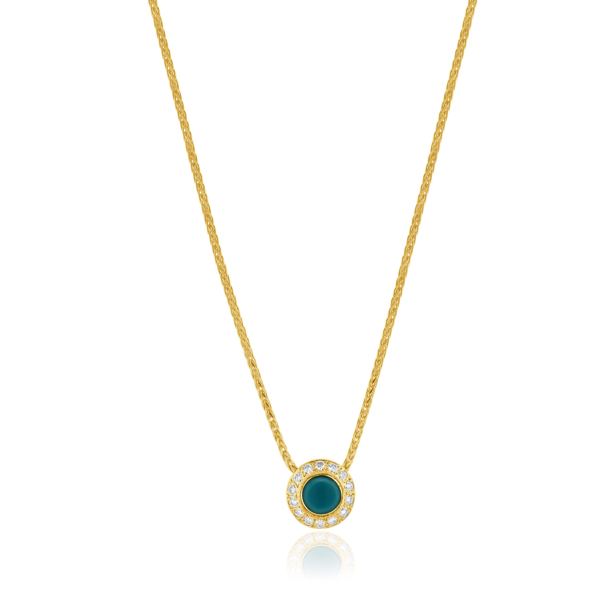 Designer: custom
Material: 18K yellow gold
Diamond: round cut = 0.21cttw
Color: H
Clarity: VS2
Length: necklace measures 18-inches in length
Weight: 5.70 grams
