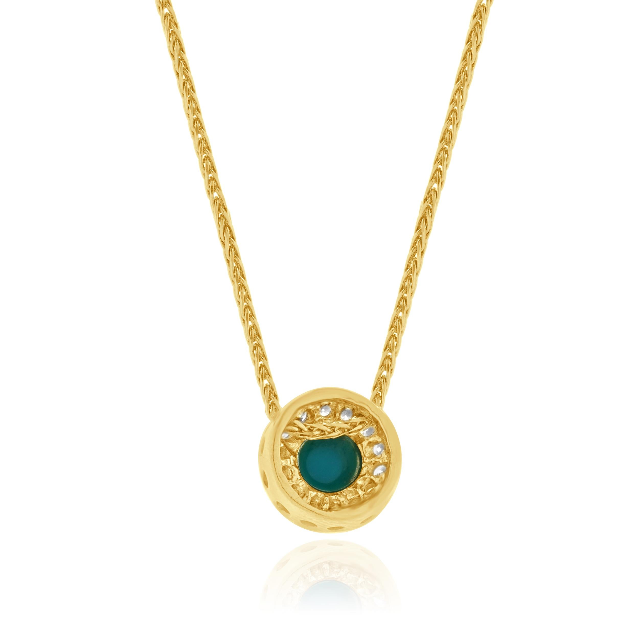 Round Cut 18 Karat Yellow Gold Turquoise and Diamond Halo Necklace For Sale