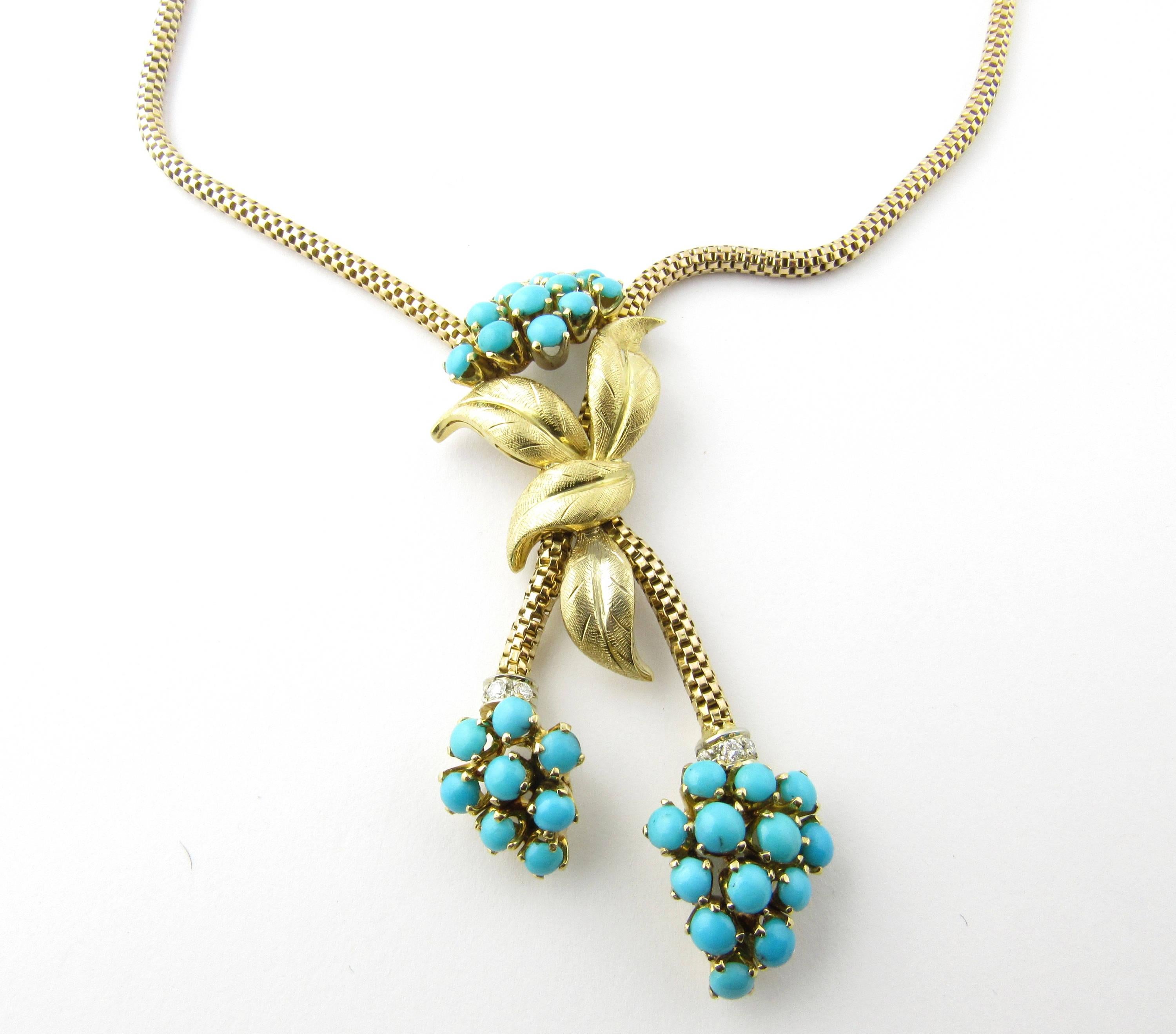 Vintage 18K Yellow Gold Turquoise and Diamond Necklace

This statement piece is intricately detailed in its beauty!

Set with a floral motif, this necklace has bouquets of turquoise flowers and gold etched leaves. 

Diamonds line the bottom two