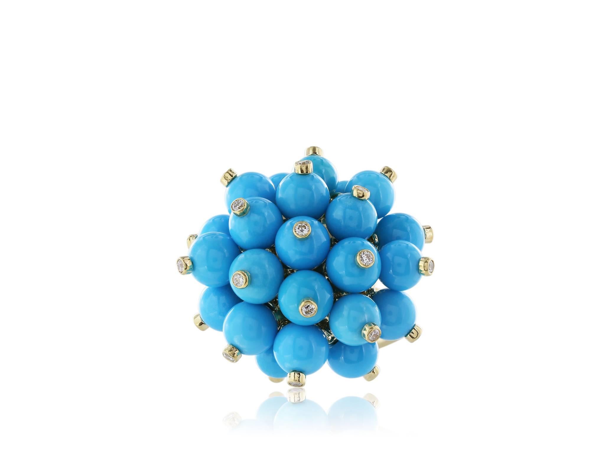 18 karat yellow gold pom pom ring, consisting of 6mm turquoise beads with a bezel set diamond on each bead, diamonds have a total weight of 0.46 carats. Ring by Aletto Brothers.