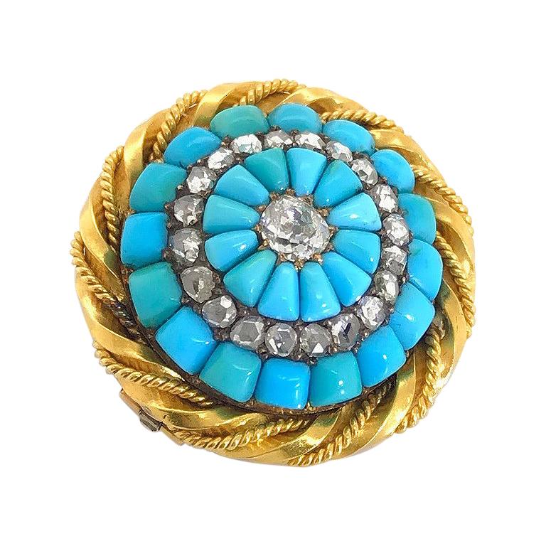 18 Karat Yellow Gold Turquoise and Diamond Set Brooch For Sale