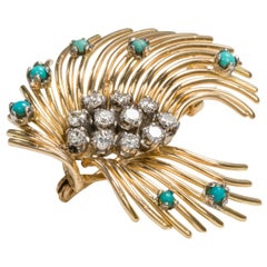 18 Karat Yellow Gold, Turquoise and Diamond Spray Brooch Pin