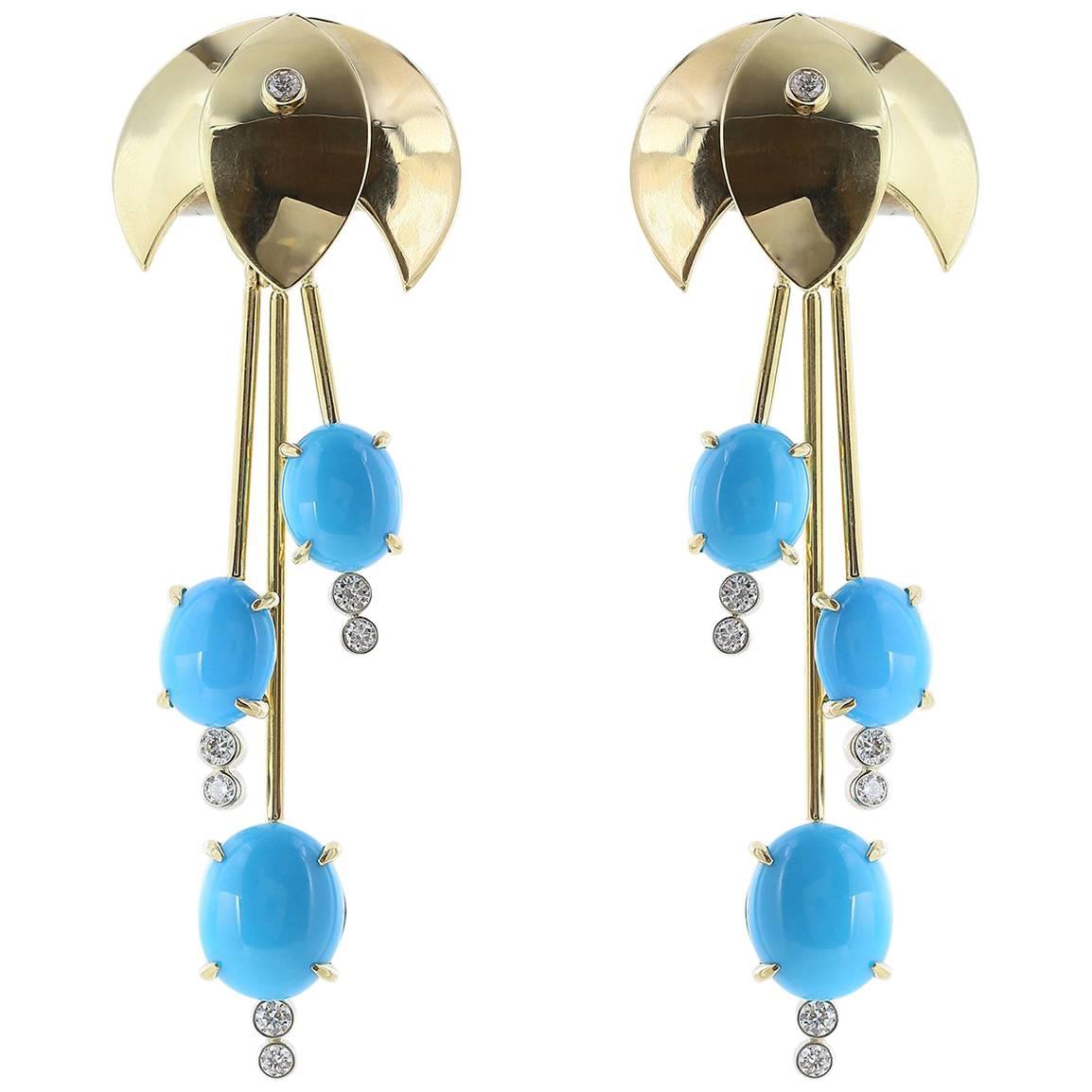 18 Karat Yellow Gold Turquoise and Diamond Waterfall Earrings For Sale