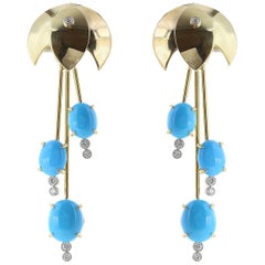 18 Karat Yellow Gold Turquoise and Diamond Waterfall Earrings