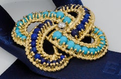 18 Karat Yellow Gold Turquoise and Lapis Lazuli Pin