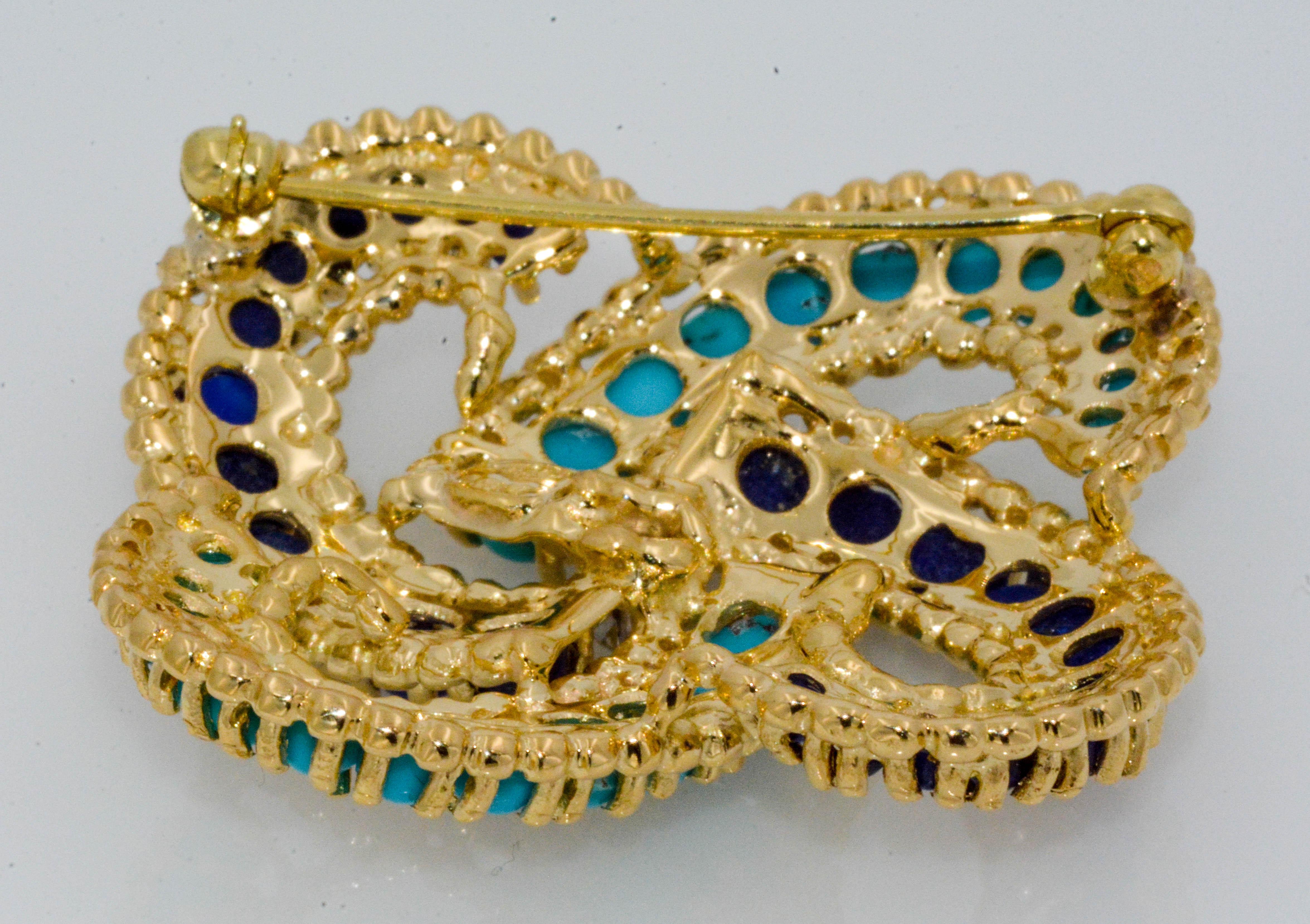 Modern 18 Karat Yellow Gold Turquoise and Lapis Lazuli Pin