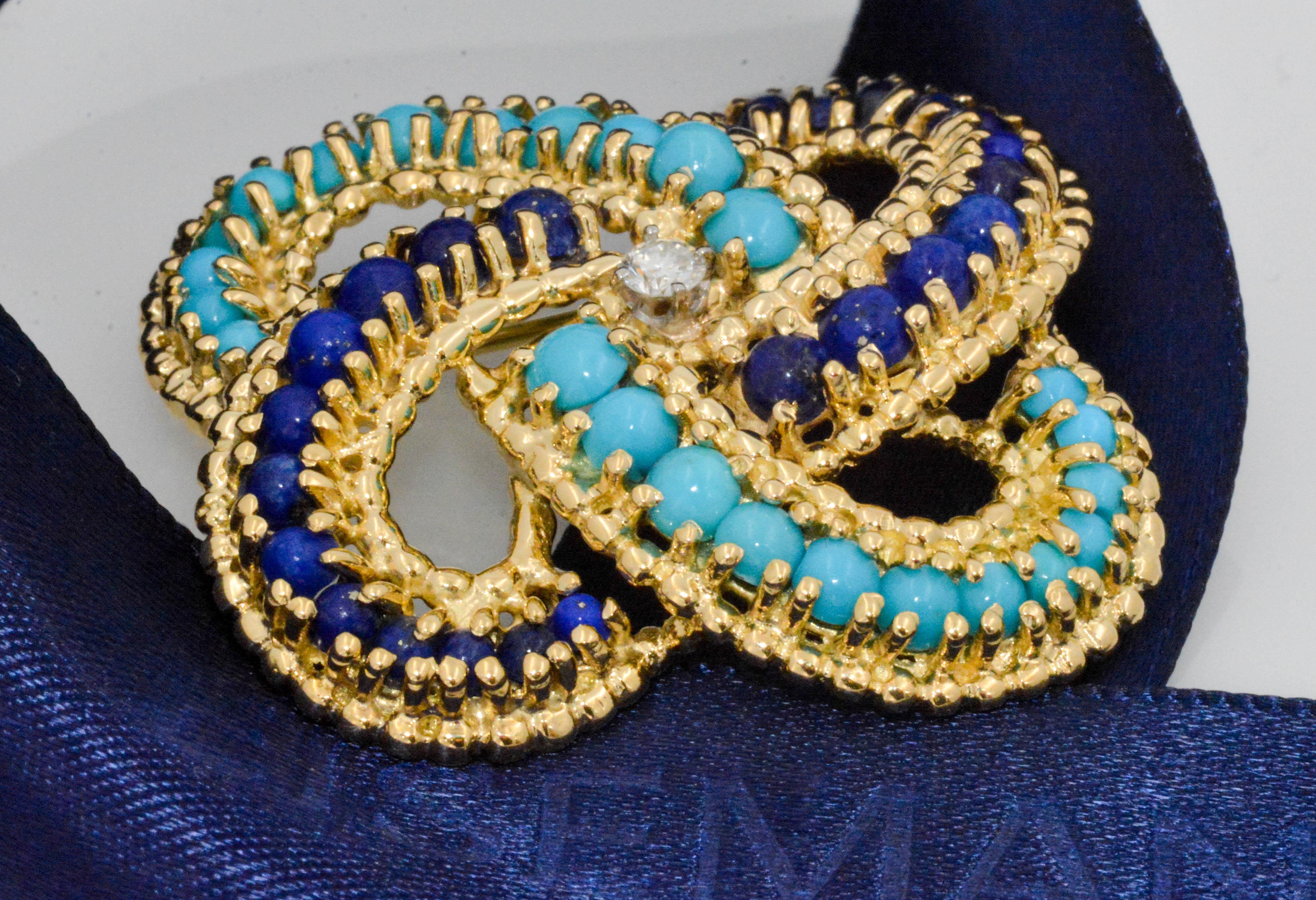 Round Cut 18 Karat Yellow Gold Turquoise and Lapis Lazuli Pin