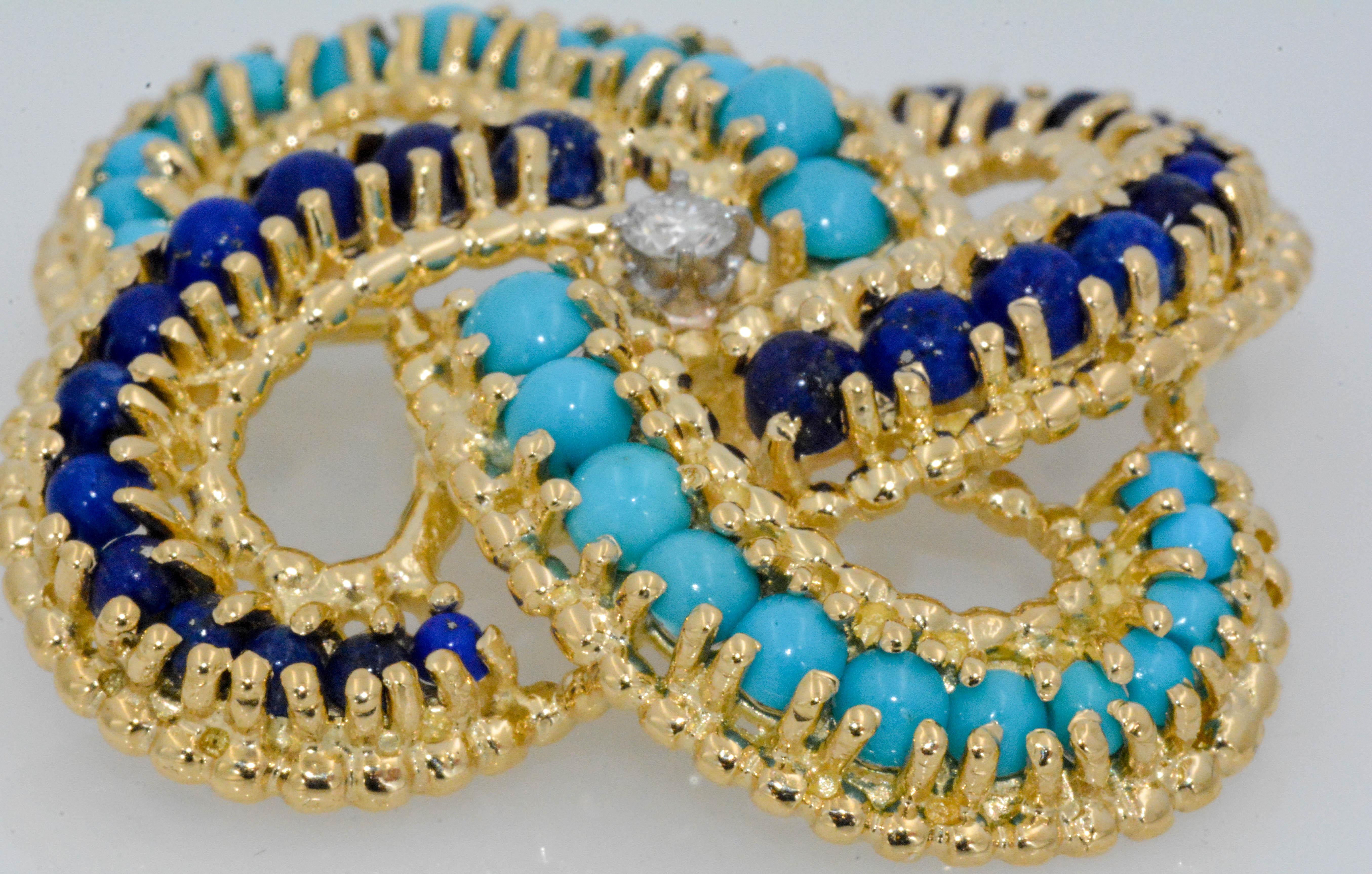 18 Karat Yellow Gold Turquoise and Lapis Lazuli Pin In Excellent Condition In Dallas, TX
