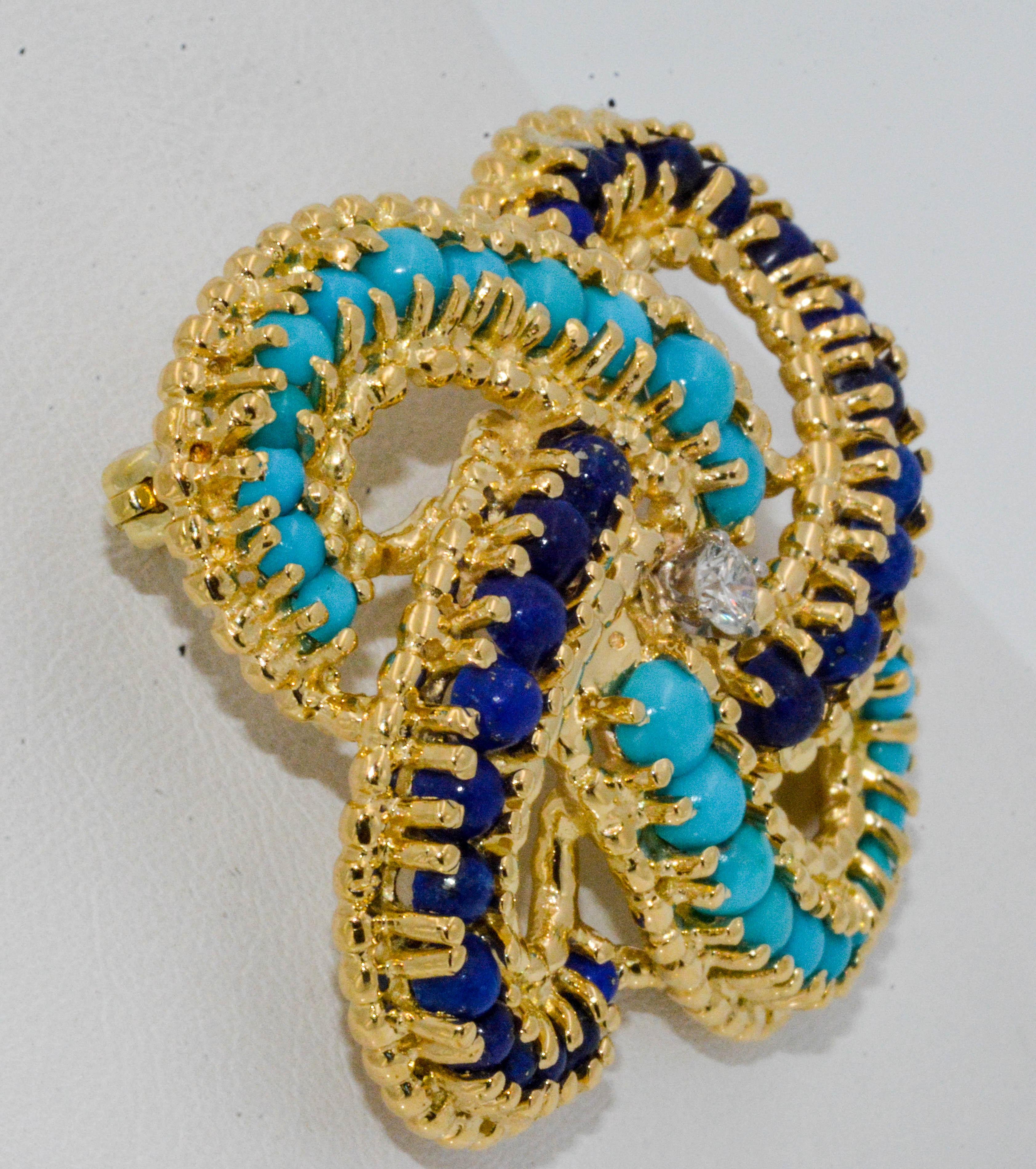 Women's 18 Karat Yellow Gold Turquoise and Lapis Lazuli Pin