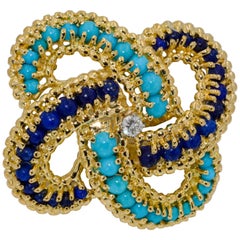 18 Karat Yellow Gold Turquoise and Lapis Lazuli Pin