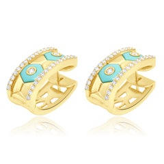 Pendientes de aro geométricos de oro amarillo de 18 quilates con turquesa y diamante redondo