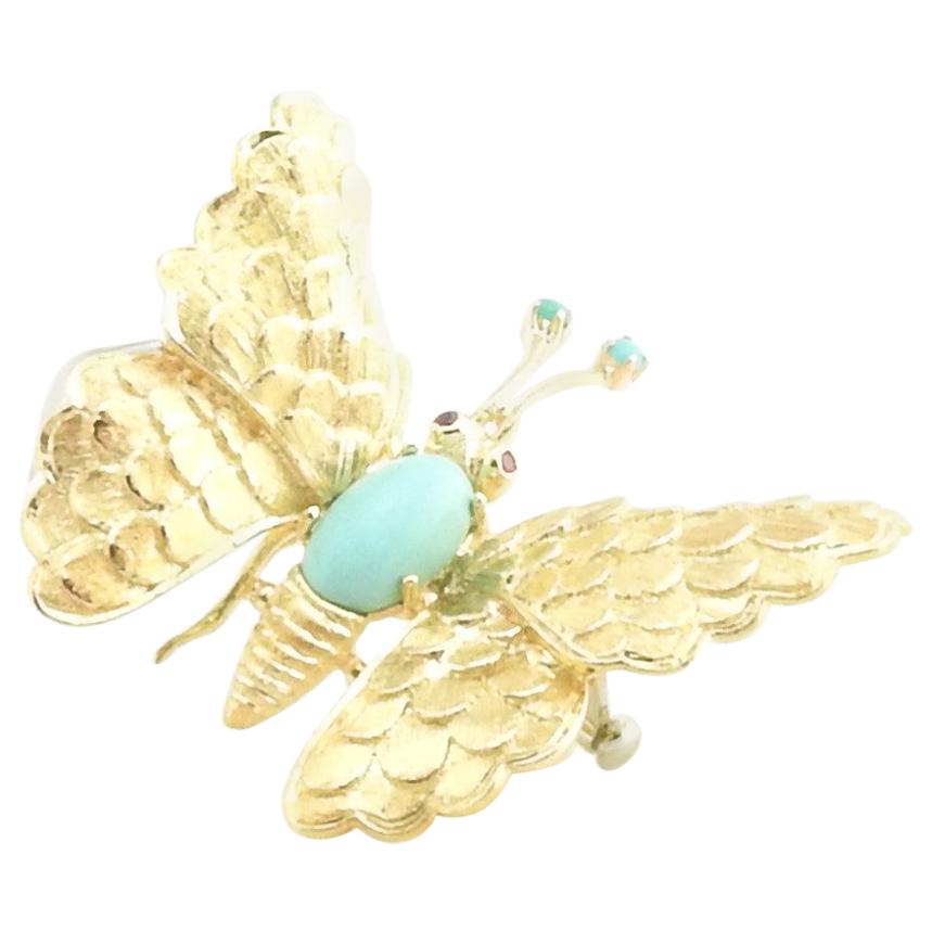 18 Karat Yellow Gold Turquoise and Ruby Butterfly Brooch / Pin