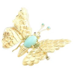 Vintage 18 Karat Yellow Gold Turquoise and Ruby Butterfly Brooch / Pin