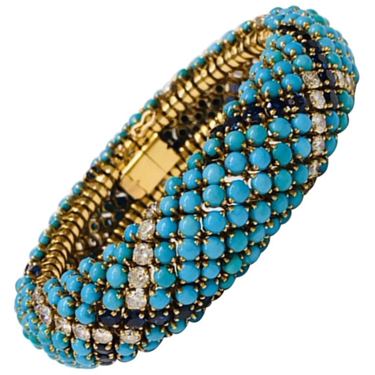 18 Karat Yellow Gold Turquoise and Sapphire Retro Bracelet For Sale