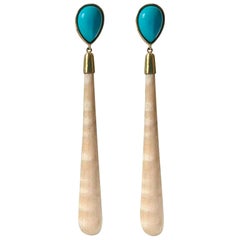 18 Karat Yellow Gold Turquoise And White Wood Drop Earrings