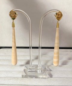 18 Karat Yellow Gold Turquoise and Wood Drop Earrings