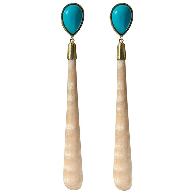 18 Karat Yellow Gold Turquoise and Wood Drop Earrings For Sale