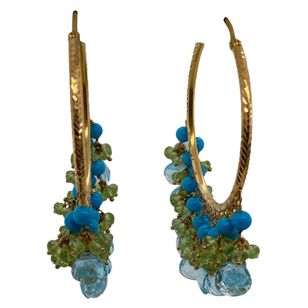 18 Karat Yellow Gold Turquoise, Blue Topaz and Peridot Fashion Hoop Earrings For Sale
