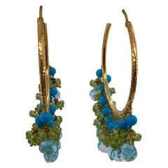 18 Karat Yellow Gold Turquoise, Blue Topaz and Peridot Fashion Hoop Earrings