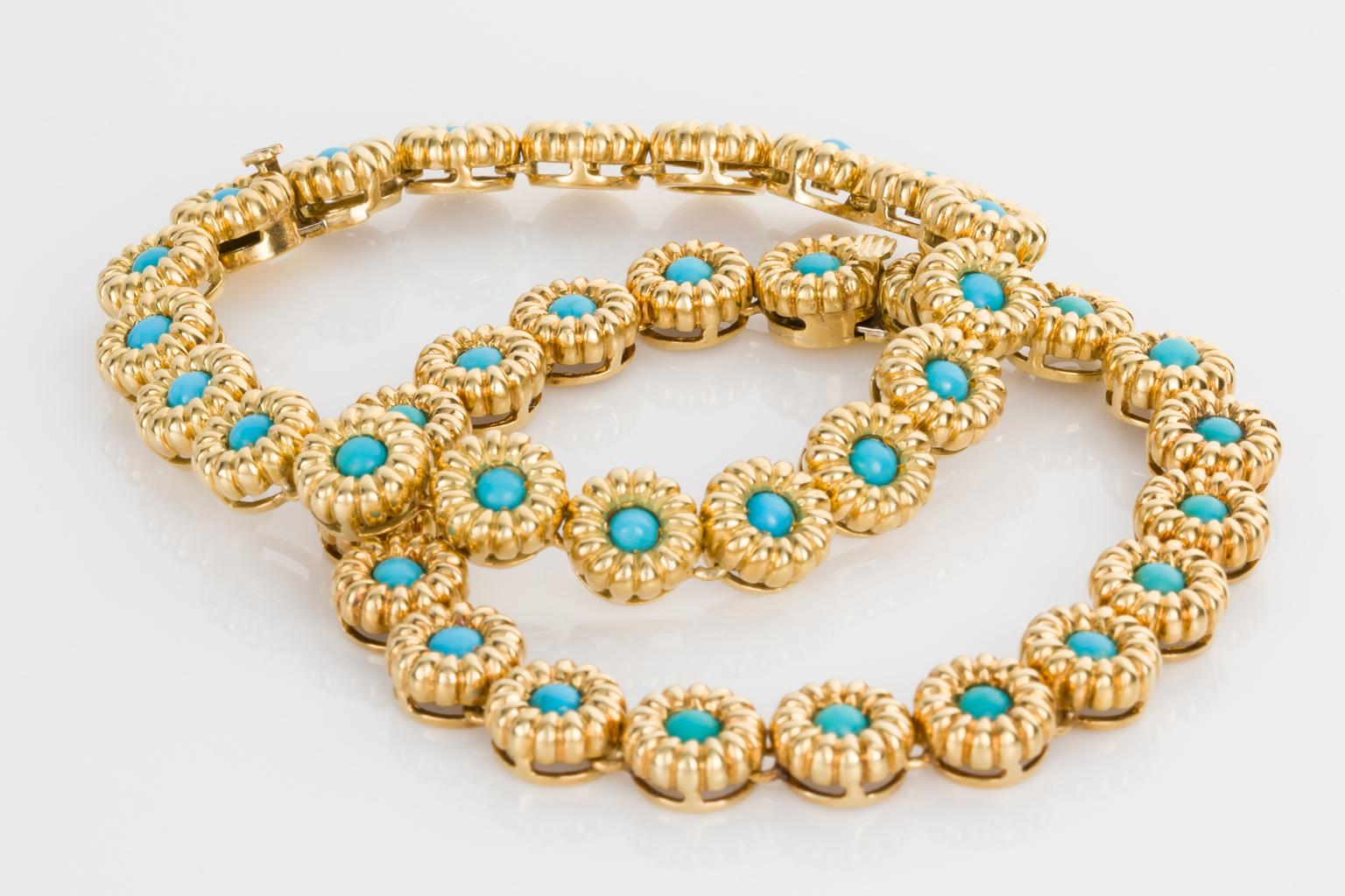 18 Karat Yellow Gold Turquoise Bracelets or Choker Necklace For Sale 3