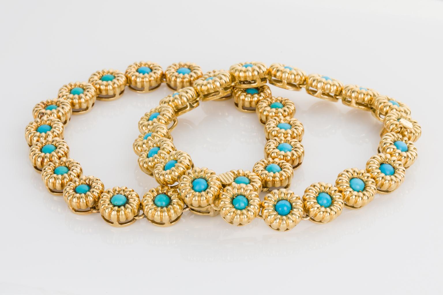 18 Karat Yellow Gold Turquoise Bracelets or Choker Necklace For Sale 4
