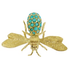 Vintage 18 Karat Yellow Gold Turquoise Bug Pin Brooch