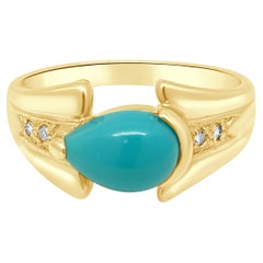 18 Karat Yellow Gold Turquoise Cabochon Ring w/ Diamond Accents