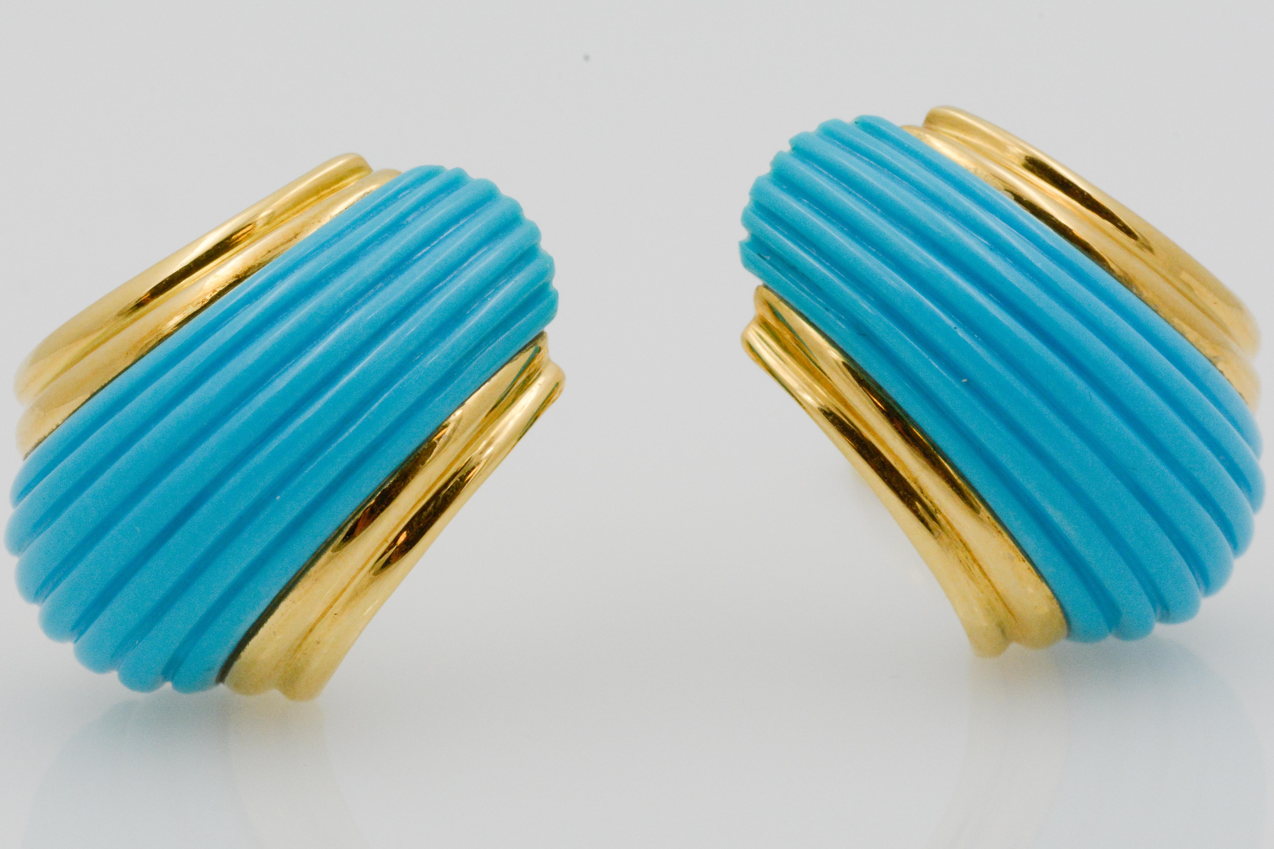 Modern 18 Karat Yellow Gold Turquoise Contemporary Clip-On Earrings