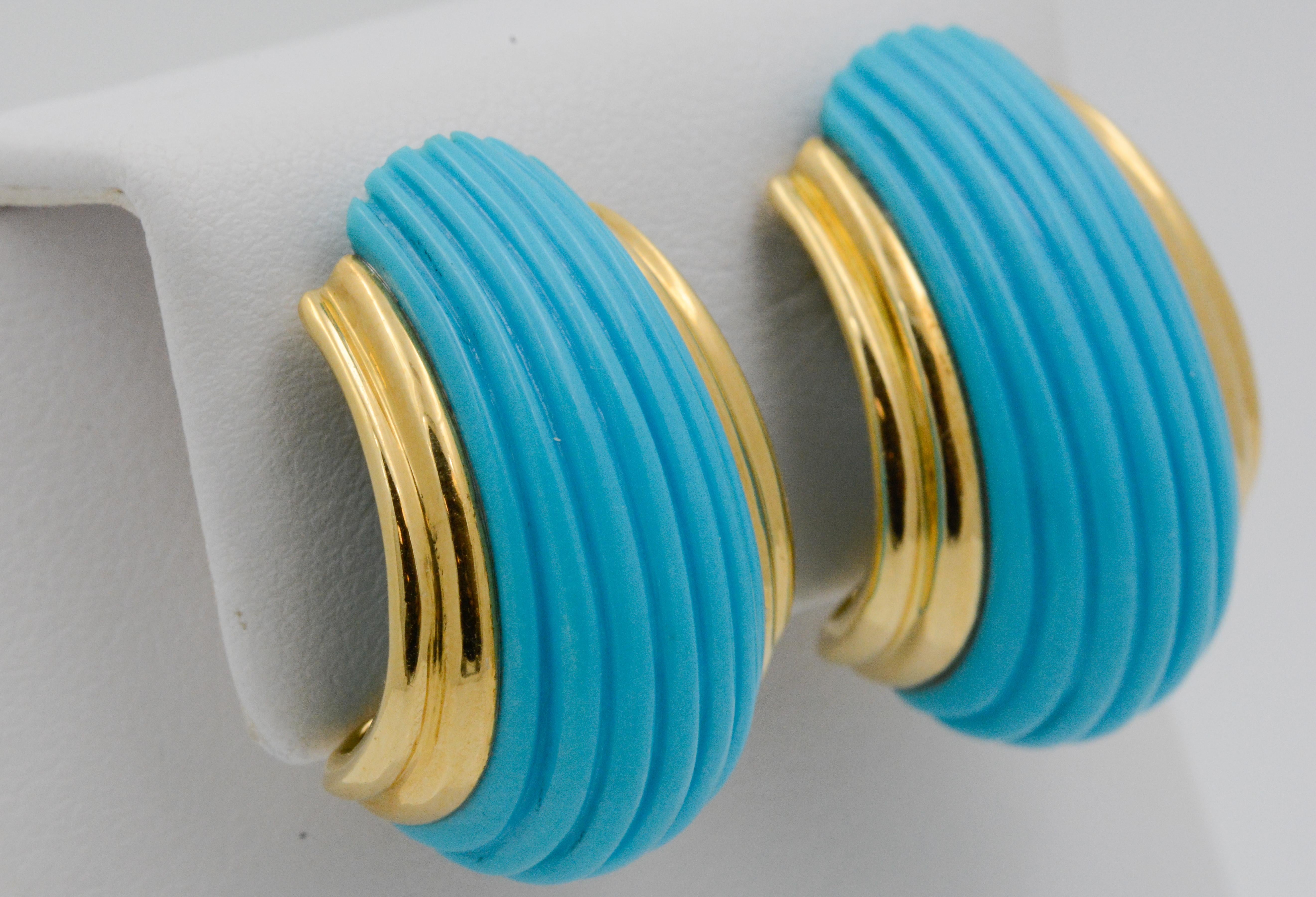 Women's 18 Karat Yellow Gold Turquoise Contemporary Clip-On Earrings