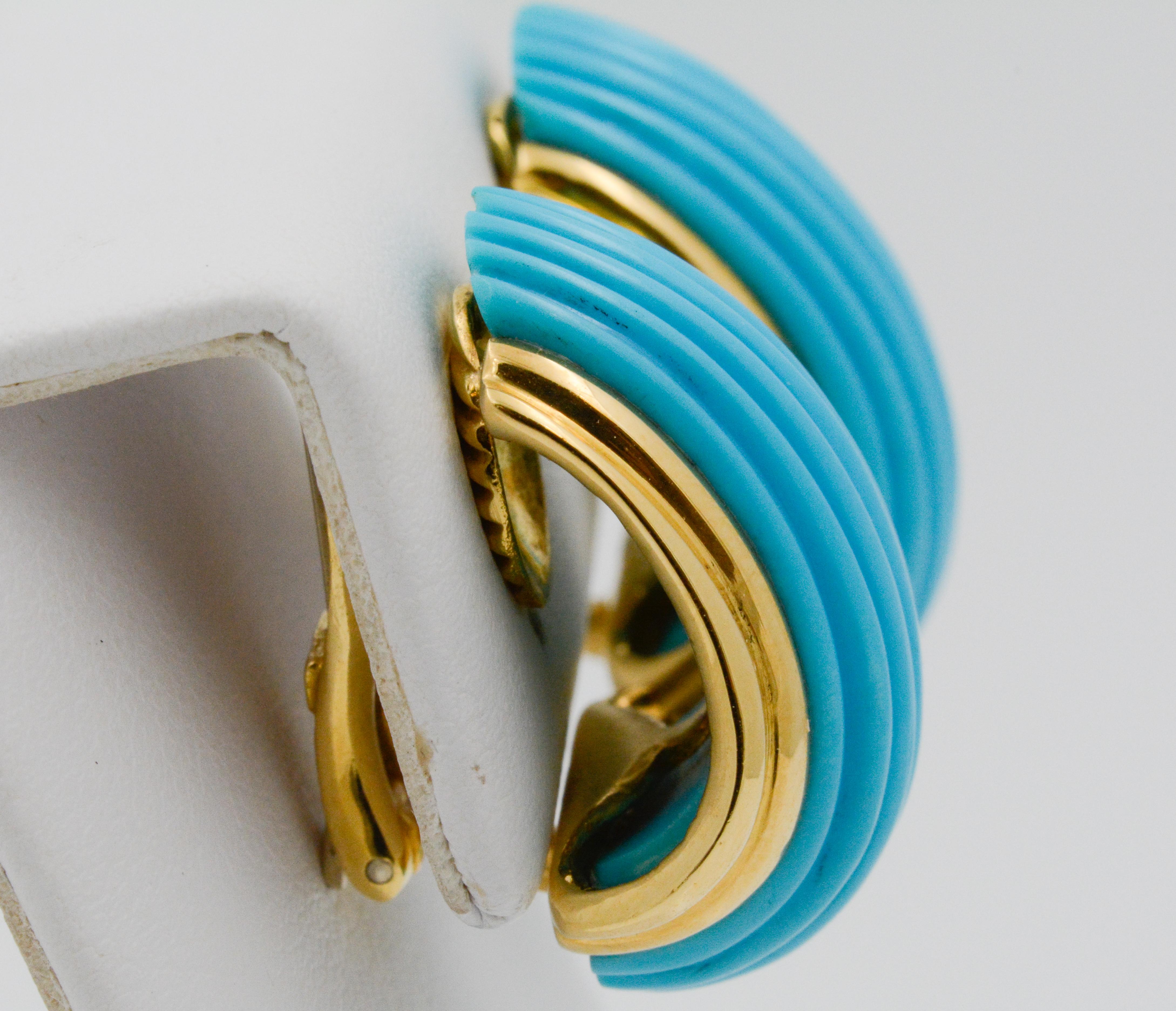 18 Karat Yellow Gold Turquoise Contemporary Clip-On Earrings 2
