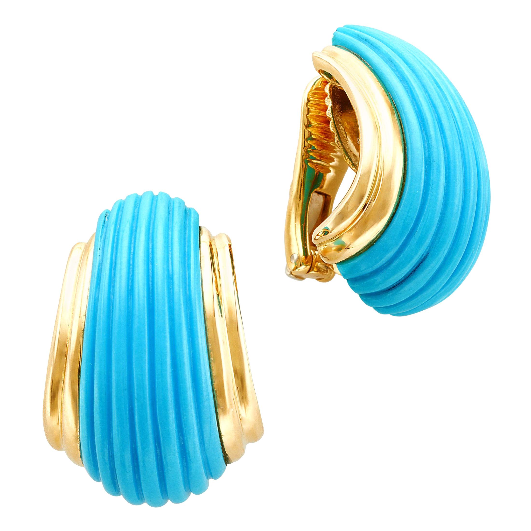 18 Karat Yellow Gold Turquoise Contemporary Clip-On Earrings
