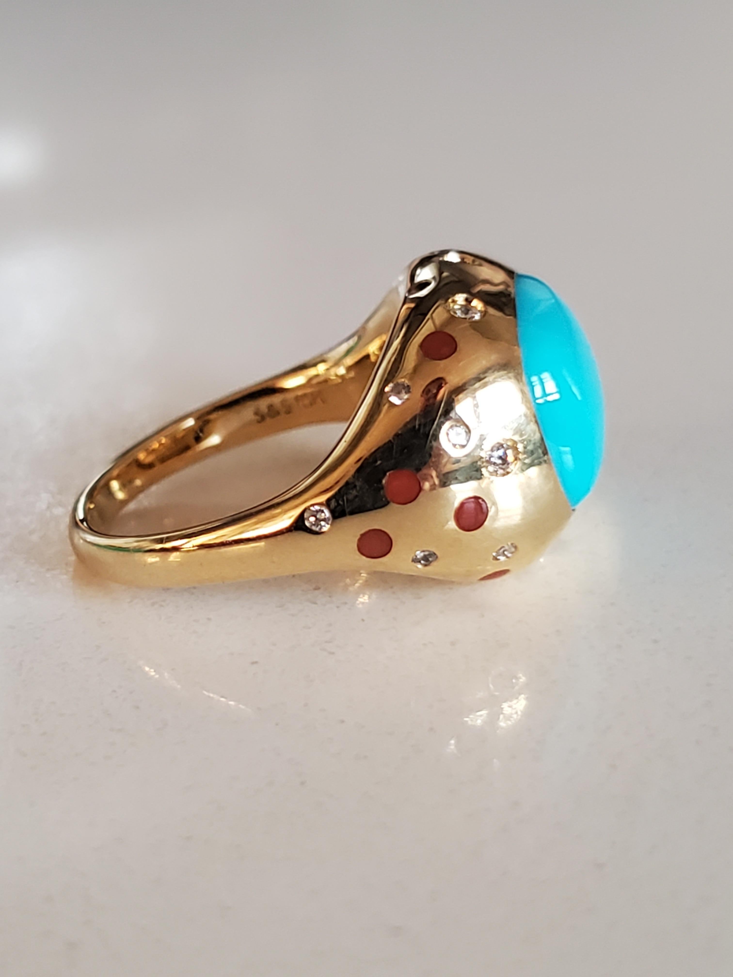 Anillo de cóctel Riviera de oro amarillo de 18 quilates con turquesa, coral y diamantes en venta 1