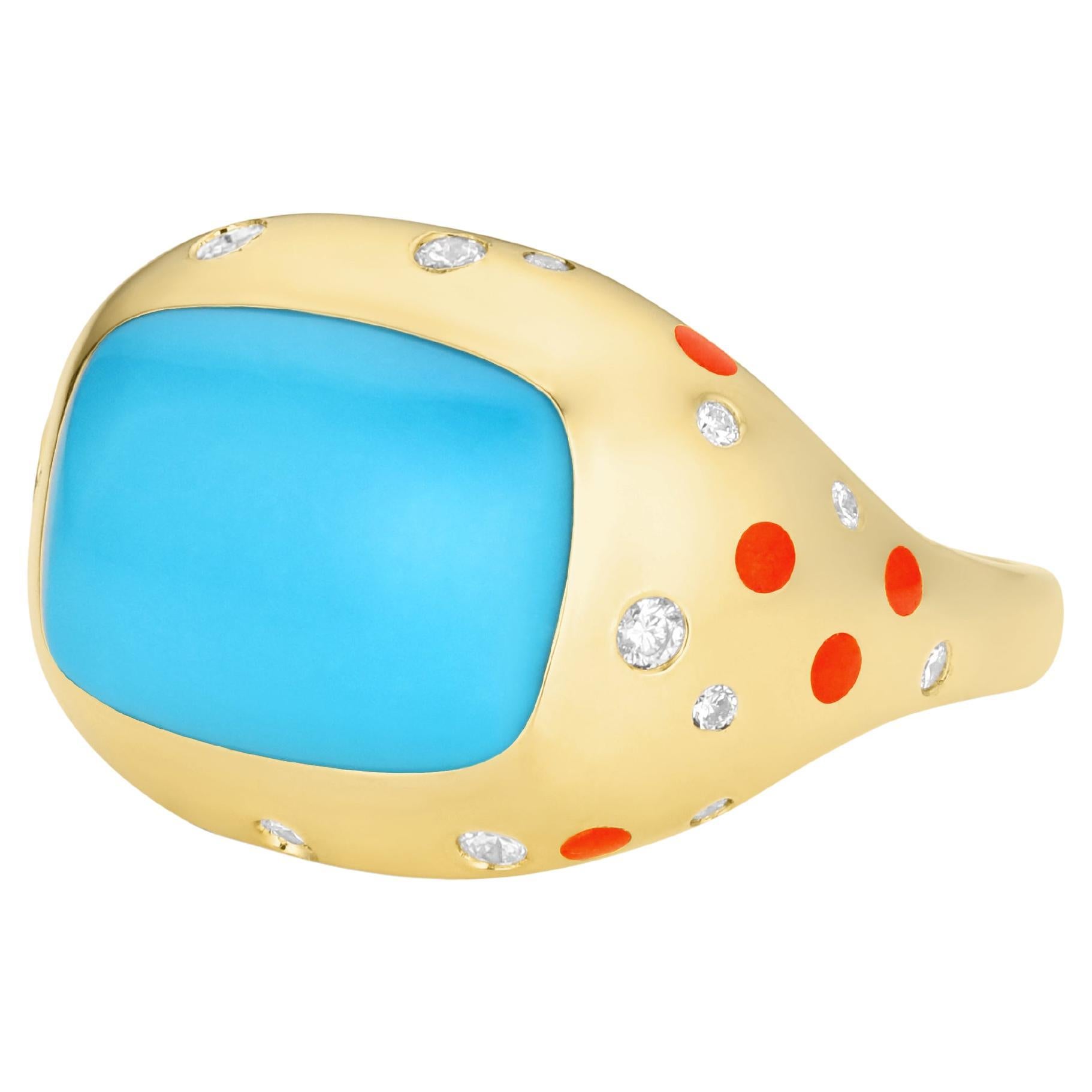 Anillo de cóctel Riviera de oro amarillo de 18 quilates con turquesa, coral y diamantes en venta