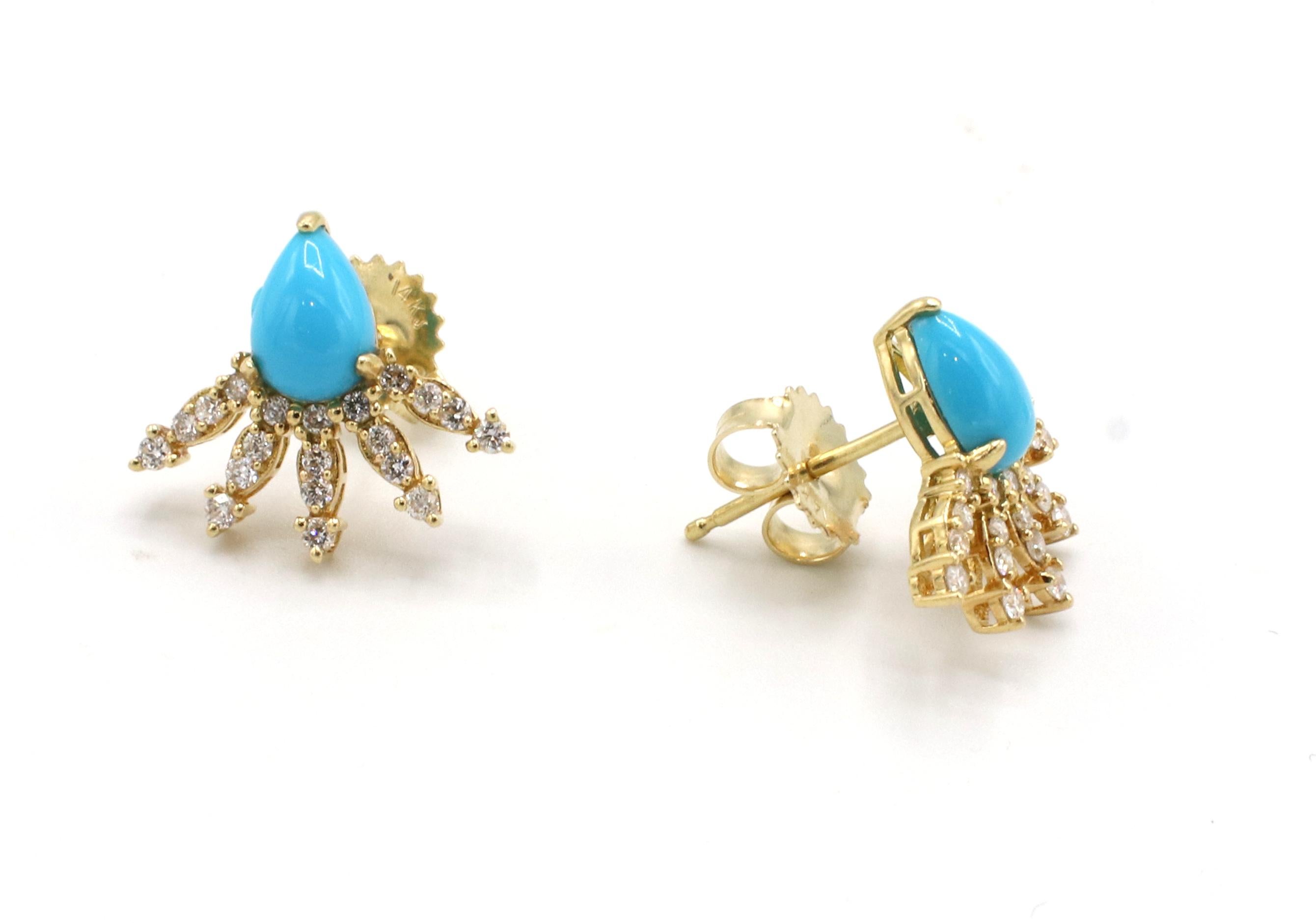 Modern 18 Karat Yellow Gold Turquoise & Diamond Stud Earrings