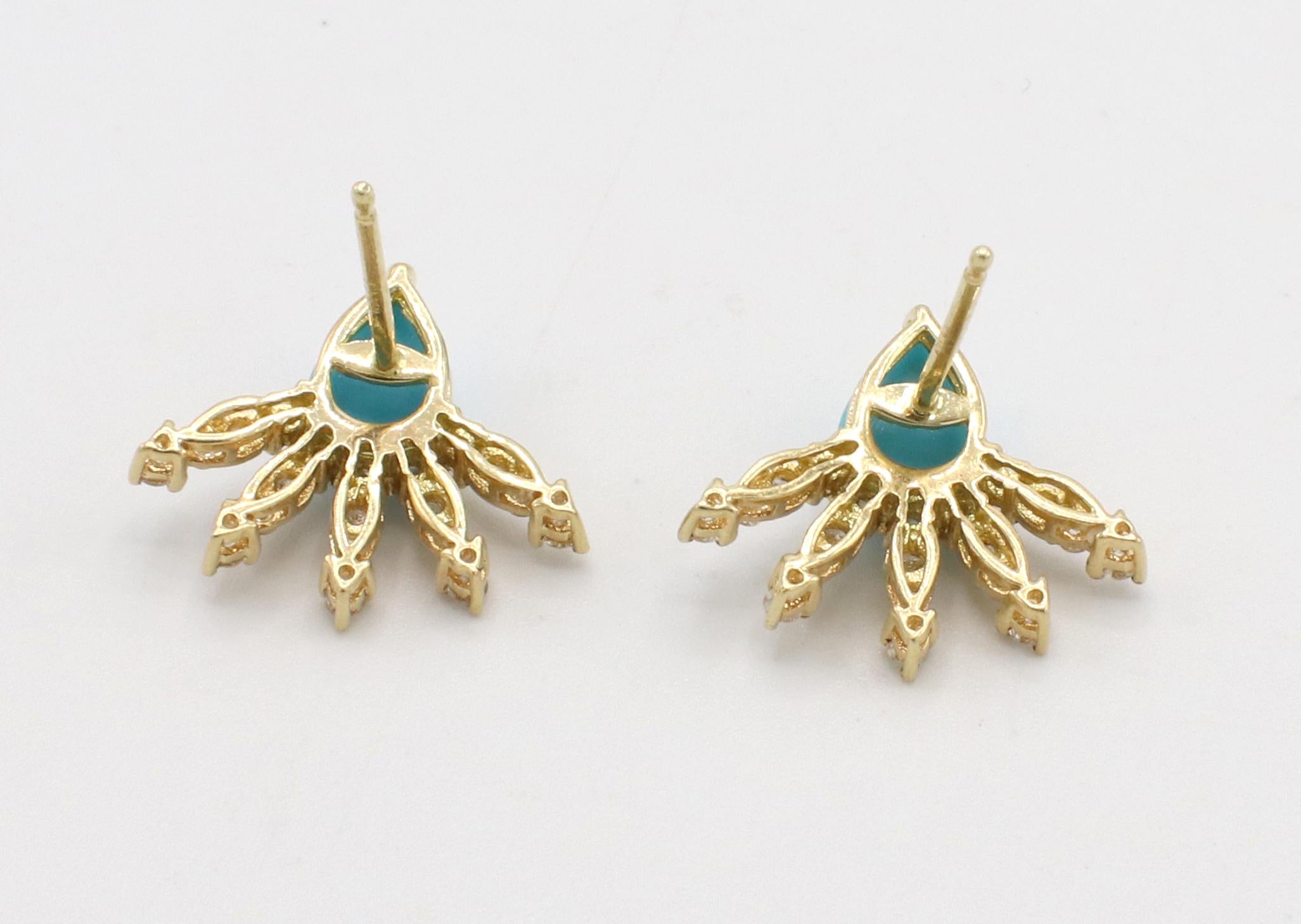 18 Karat Yellow Gold Turquoise & Diamond Stud Earrings In Excellent Condition In  Baltimore, MD