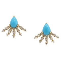 18 Karat Yellow Gold Turquoise & Diamond Stud Earrings
