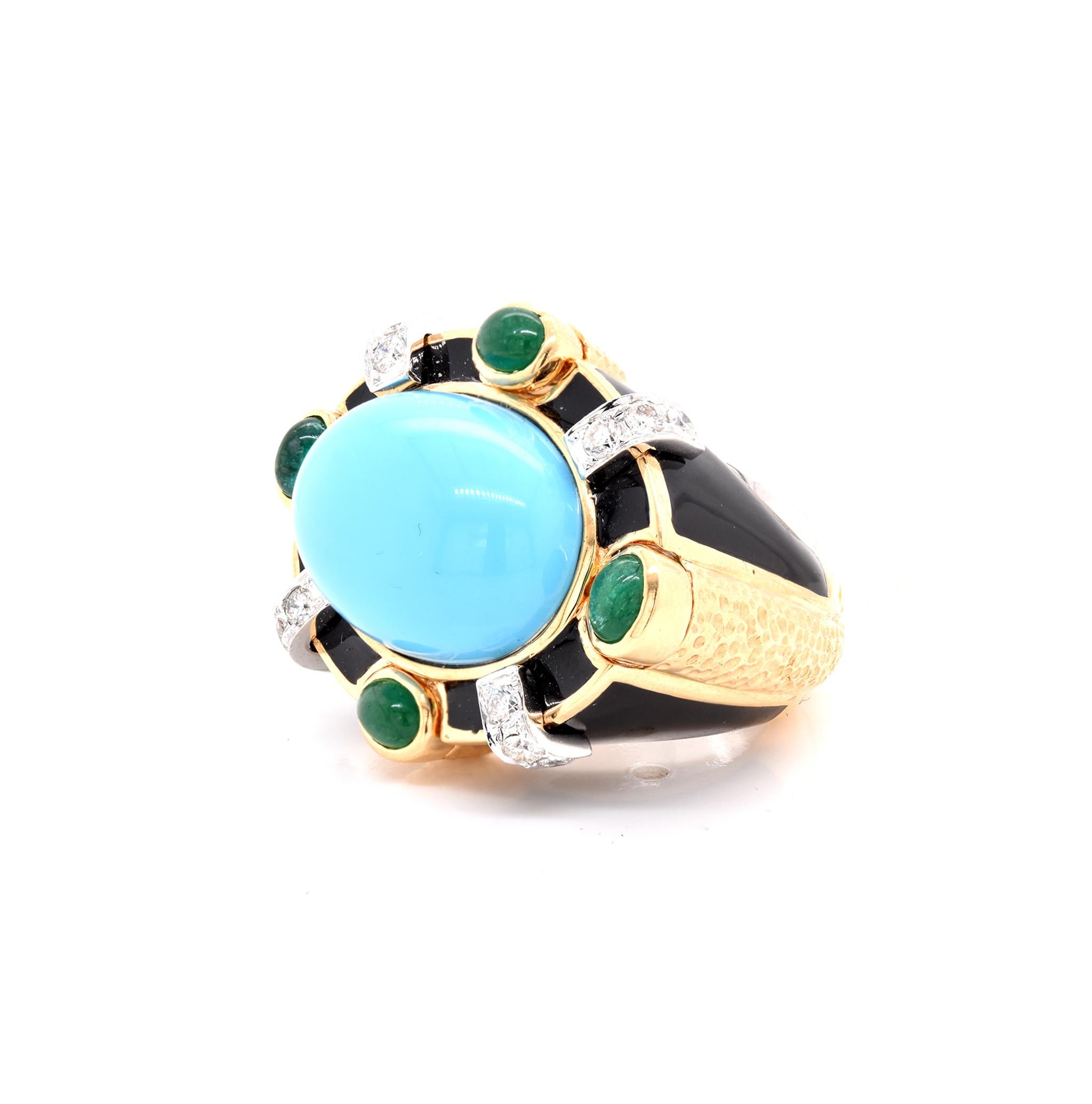 Designer: custom
Material: 18K yellow gold
Diamonds: 12 round cut = .62cttw
Color: G
Clarity: VS
Emerald: 4 cabochon cut = 1.39cttw
Ring Size: 7 (please allow up to 2 additional business days for sizing requests)
Dimensions: ring top measures