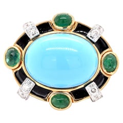 18 Karat Yellow Gold Turquoise, Emerald, Diamond, and Black Enamel Ring