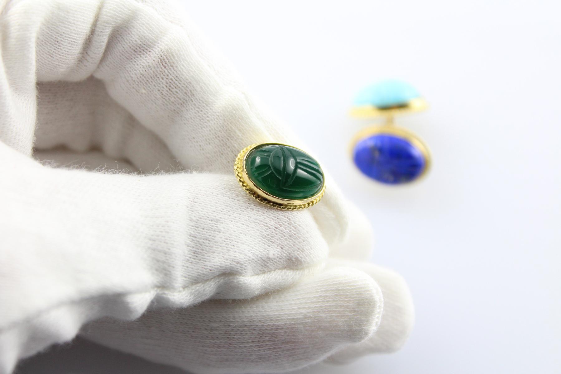 Mixed Cut 18 Karat Yellow Gold Turquoise Lapis Lazuli Carnelian Jade Beetles Cufflinks