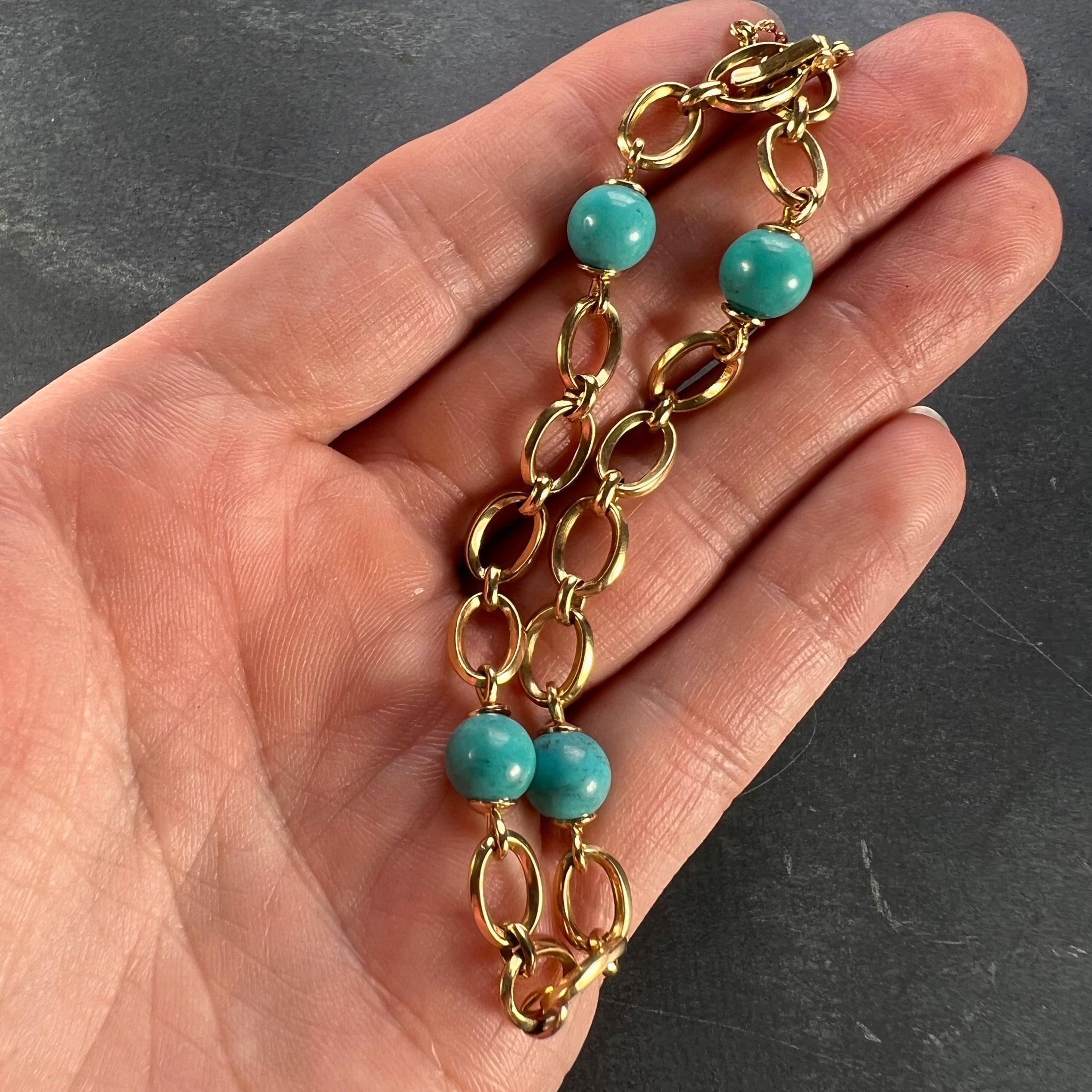 Bead 18 Karat Yellow Gold Turquoise Link Bracelet For Sale