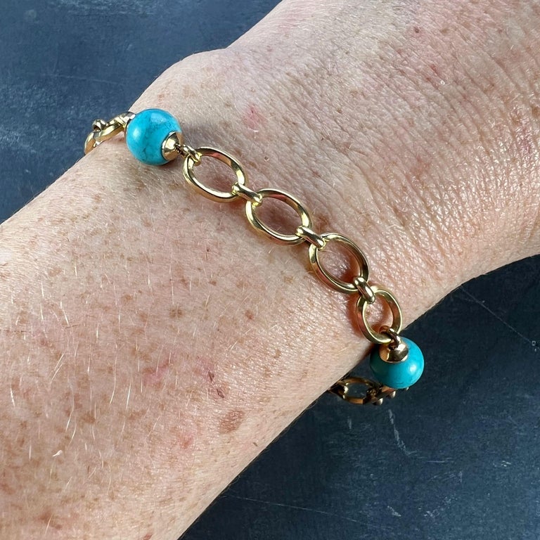 18 Karat Yellow Gold Turquoise Link Bracelet For Sale at 1stDibs