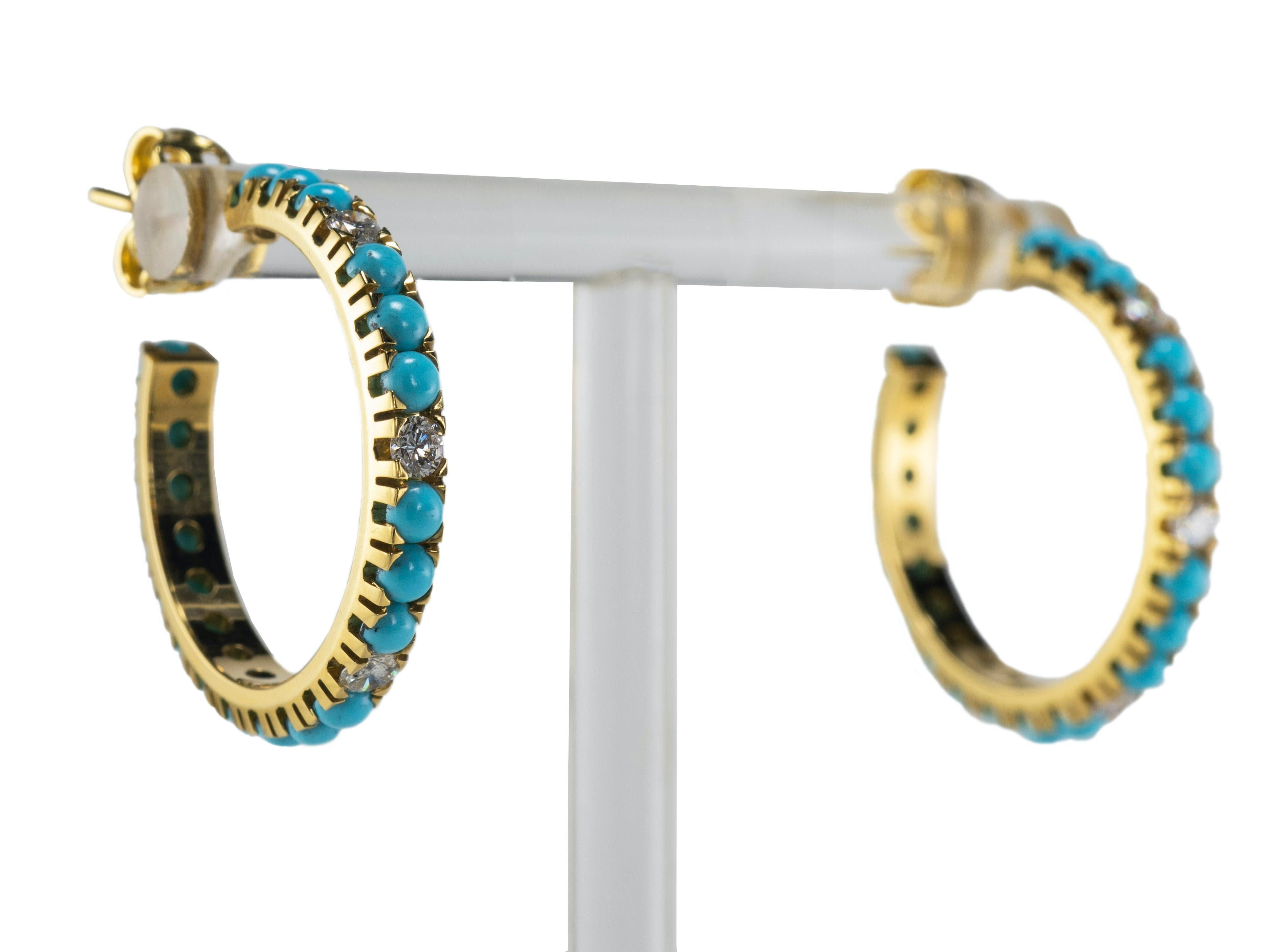 A brightly and easy to wear hoops earrings made in 18 Karat yellow gold and 40 cabochon cut Turquoise paste stones.
Embellished with six Diamonds weighing in total Carat 0.40.
Butterfly clasp.
These earrings are new and they are shipped from our