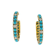 18 Karat Yellow Gold Turquoise Paste and Diamonds Hoop Earrings