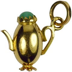 18 Karat Yellow Gold Turquoise Paste Coffee Pot Charm Pendant