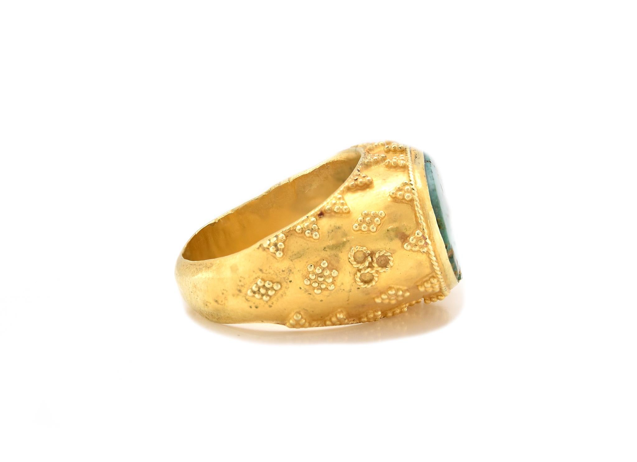 Designer: custom design
Material: 18K yellow gold
Dimensions: ring top measures 15.10mm wide
Ring Size: 7.5 (please allow two extra shipping days for sizing requests) 
Weight: 9.06 grams
